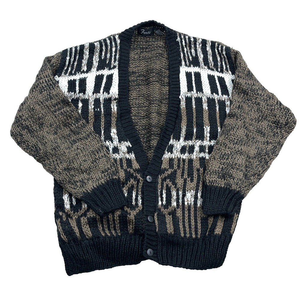 Vintage Cardigan Sweater‎ Men Medium Brown Grandpa Geometric 90s Chunky Funky